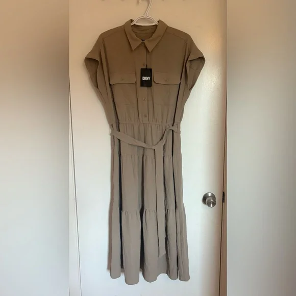 NWT DKNY Khaki Tiered Button Down Tie Waist Midi Dress Sz 12 - Picture 2 of 9